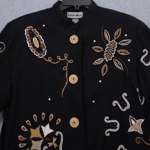 Indigo Moon | Black Embroidered Artsy Boho Duster Coat Jacket | Size M - Picture 2 of 10
